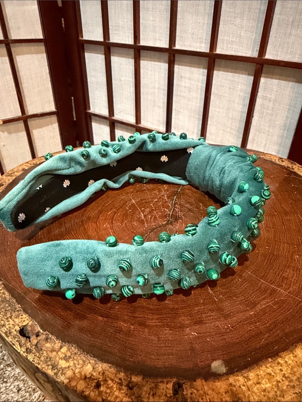 Lele Sadoughi Malachite Velvet Studded Padded Headband With Knot Designer